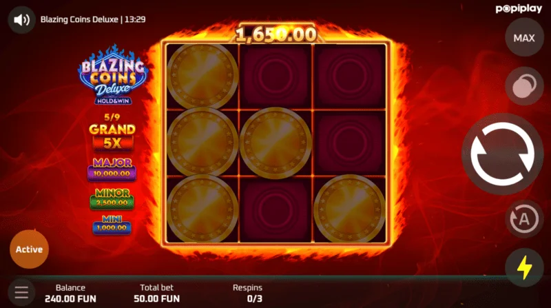 Blazing Coins Deluxe रीस्पिन गेम स्क्रीन