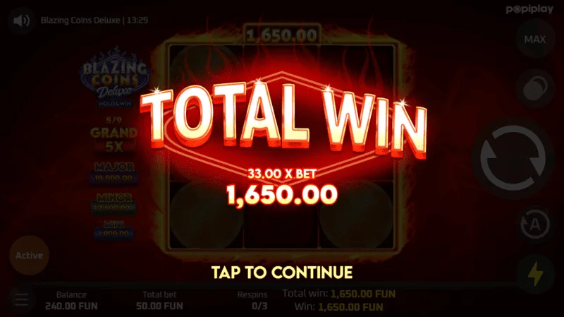 Blazing Coins Deluxe रीस्पिन कुल जीत